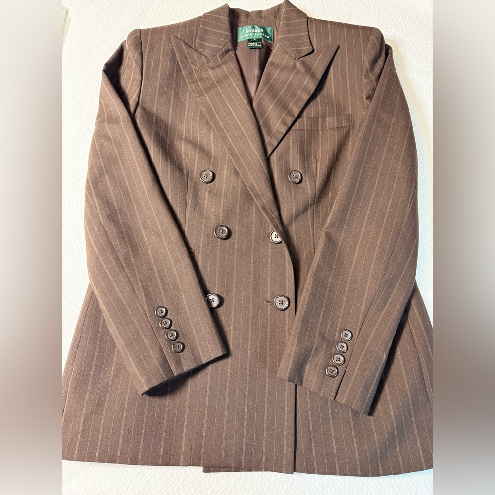 Lauren Ralph Lauren Brown Pinstripe Double-Breasted Suit Jacket